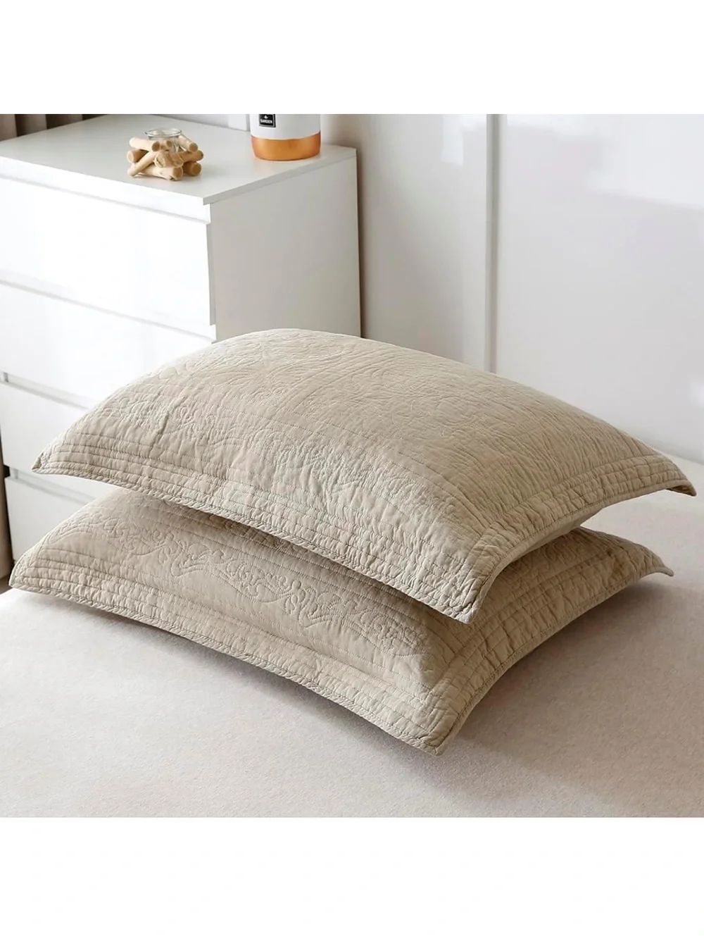 100% Cotton Quilted Pillow Sham Floral Printed Pillow Cover King Size (Khaki)